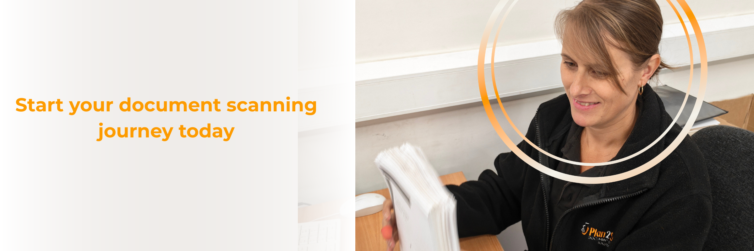 Start your document scanning journey today web banner showing a woman organizing files at a desk