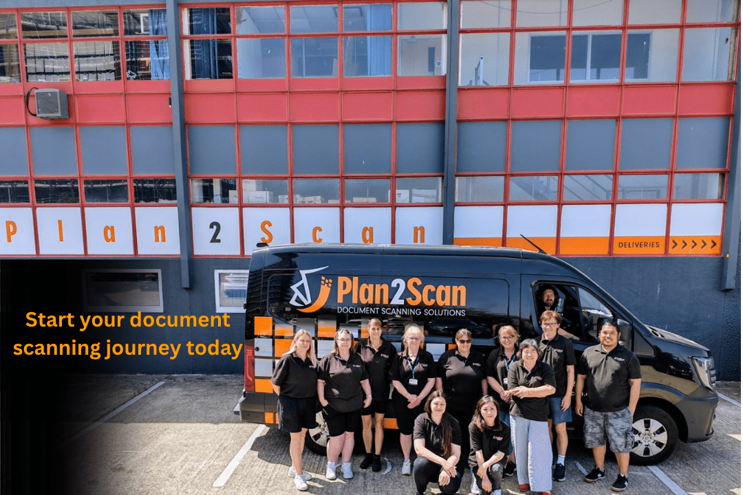 Plan 2 Scan team photo and branded van, including the text 'Start your document scanning journey today.