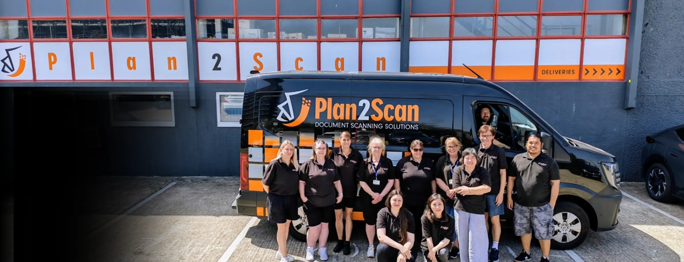 Plan 2 Scan team photo and branded van, including the text 'Start your document scanning journey today.